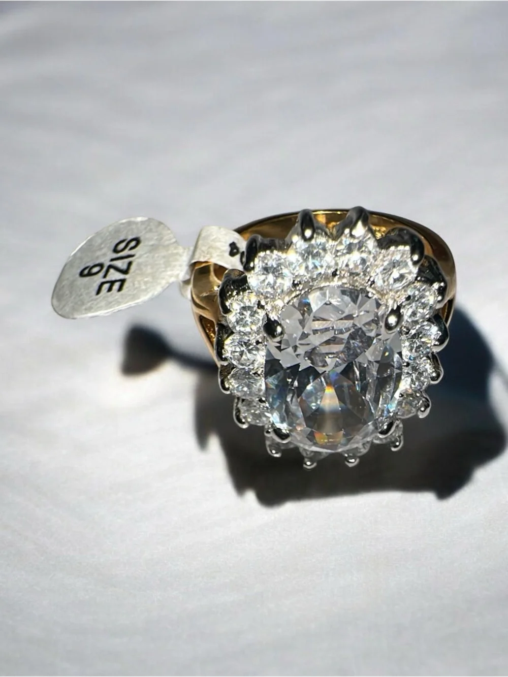 14kt Gold-ElectroPlated Clear Crystal Halo Cocktail Ring with Cubic Zirconia - Picture 1 of 6